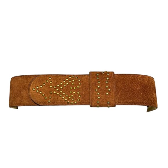 VINTAGE Y2K Studded Gold Heart Suede Hip Belt L Low Slung 90s Anne Klein Boho - Picture 1 of 11